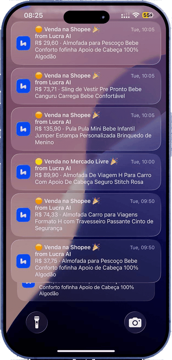 Tela de bloqueio de um celular com seis notificações do Lucra AI:
                       cinco vendas na Shopee e uma no Mercado Livre, cada uma com o valor
                       e o nome do produto vendido.